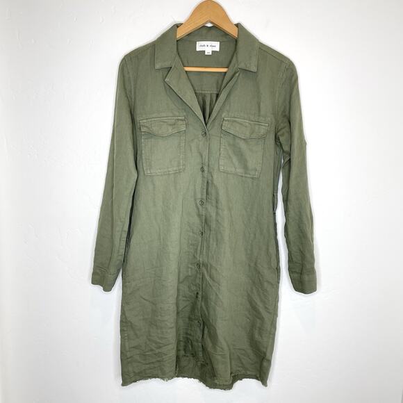 Cloth & Stone Olive Green Linen Utility Shirt Dress Tunic Raw Hem Frayed XS - Picture 1 of 7